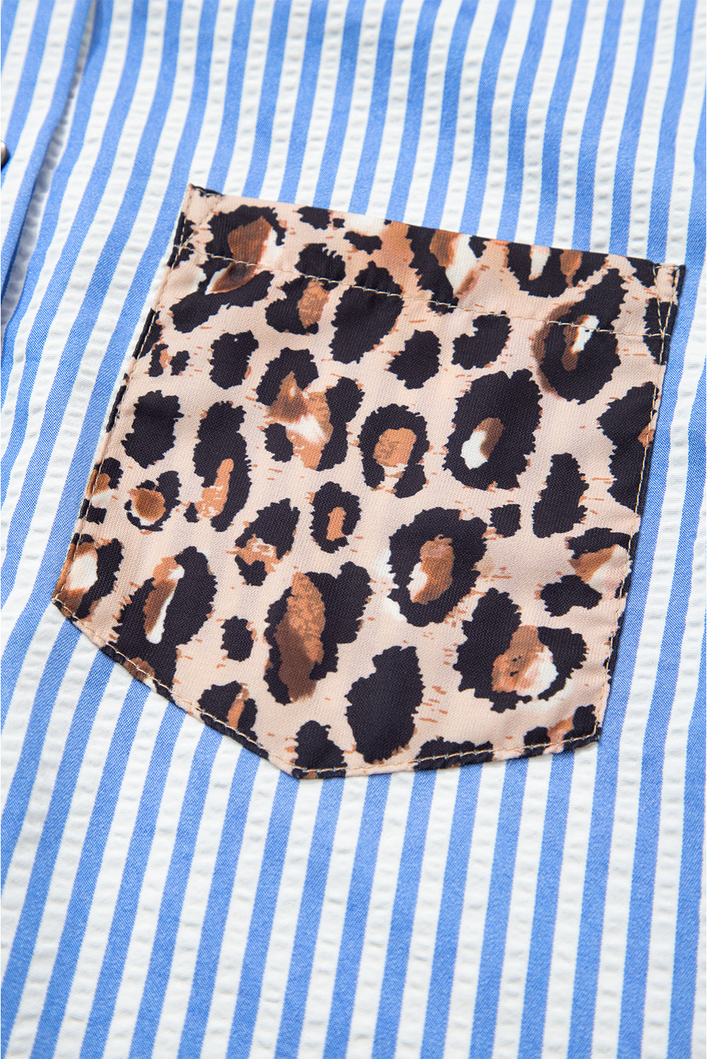 Sky Blue Striped Leopard Print Patchwork Button Up Womens Shirt