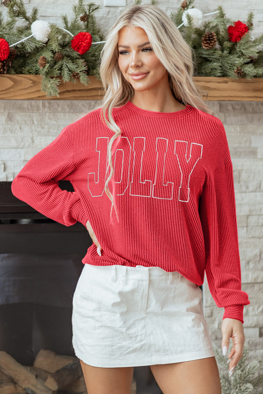 Racing Red Twisted Rib Outlined Merry Letter Graphic Loose Long Sleeve Top