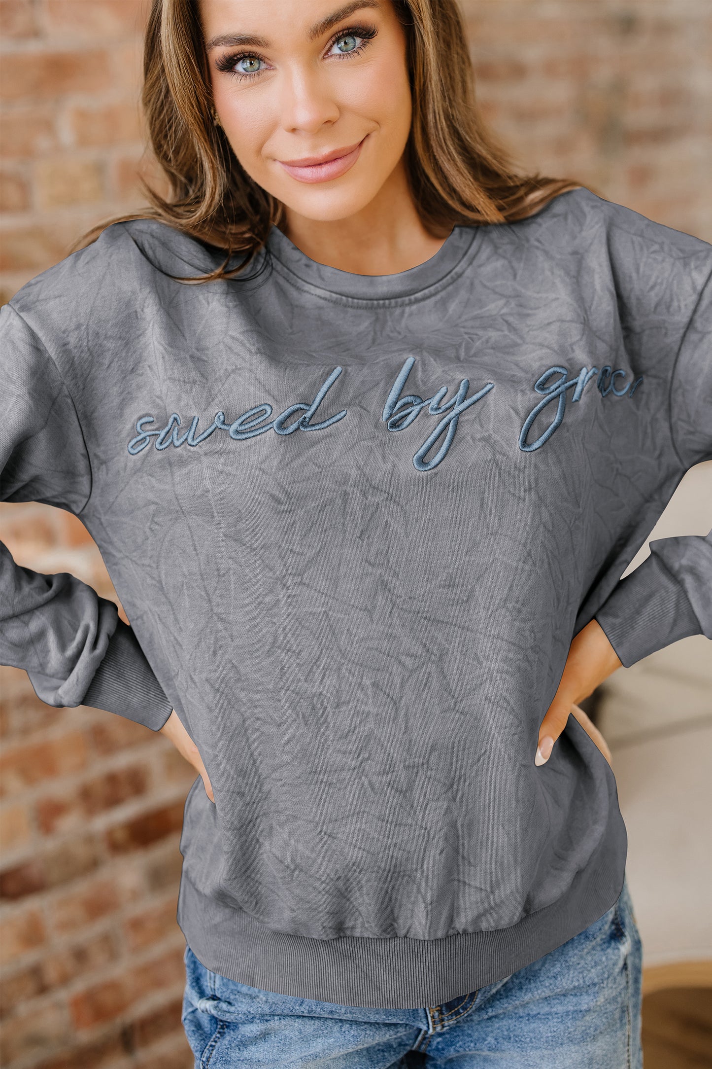 High-rise saved by grace Letter Embroidery Mineral Wash Loose Sweatshirt