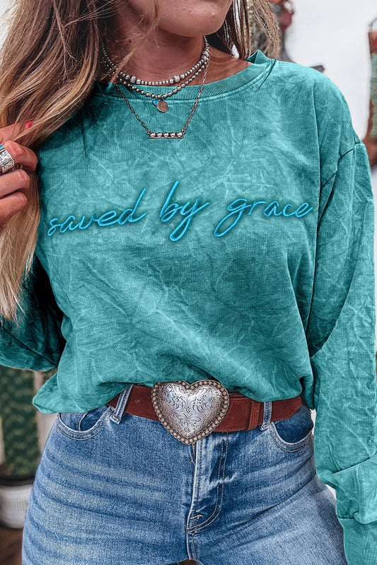 Sea Green saved by grace Letter Embroidery Mineral Wash Loose Sweatshirt