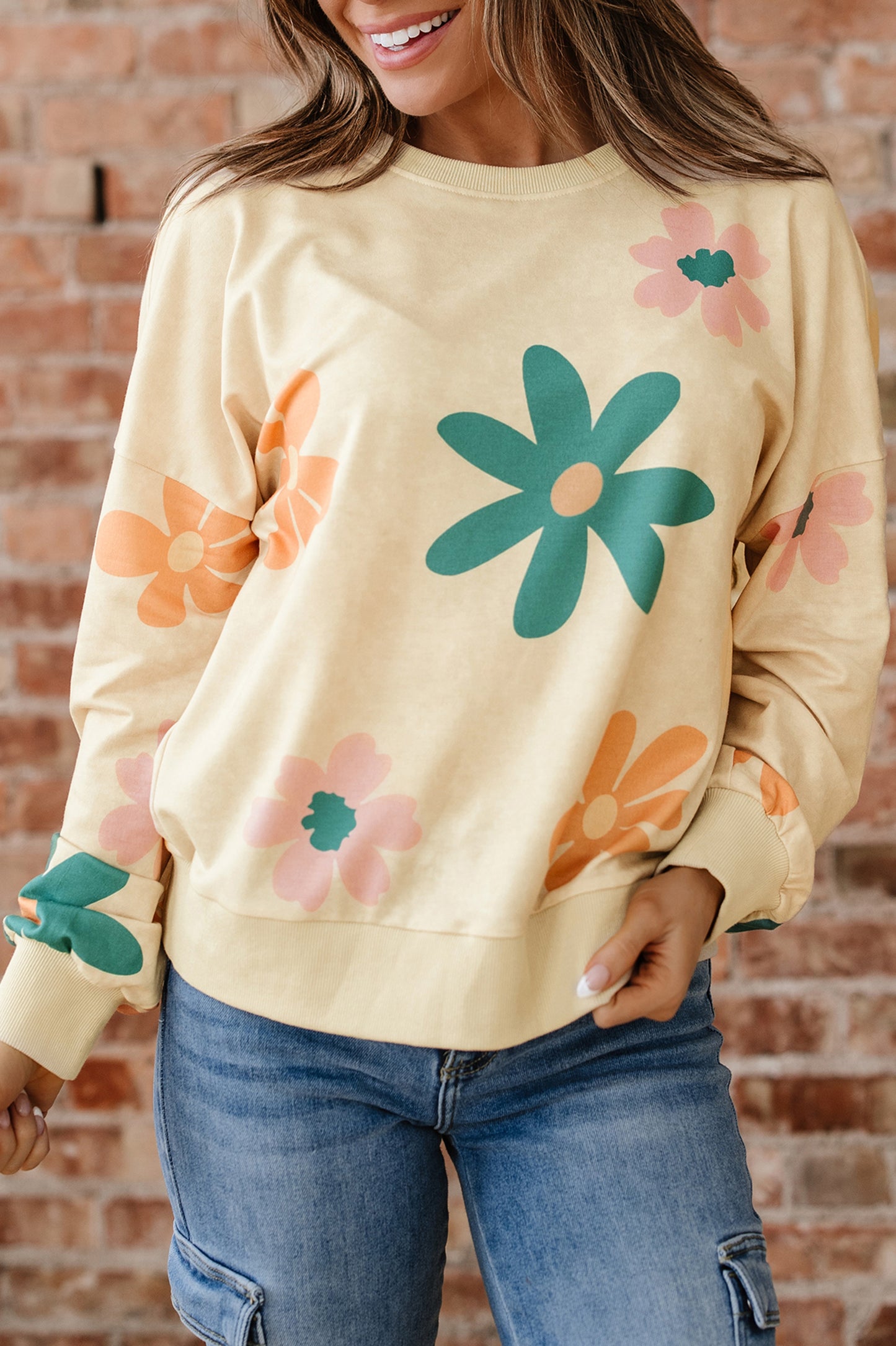 Khaki Mineral Washed French Terry Flower Print Sweatshirt