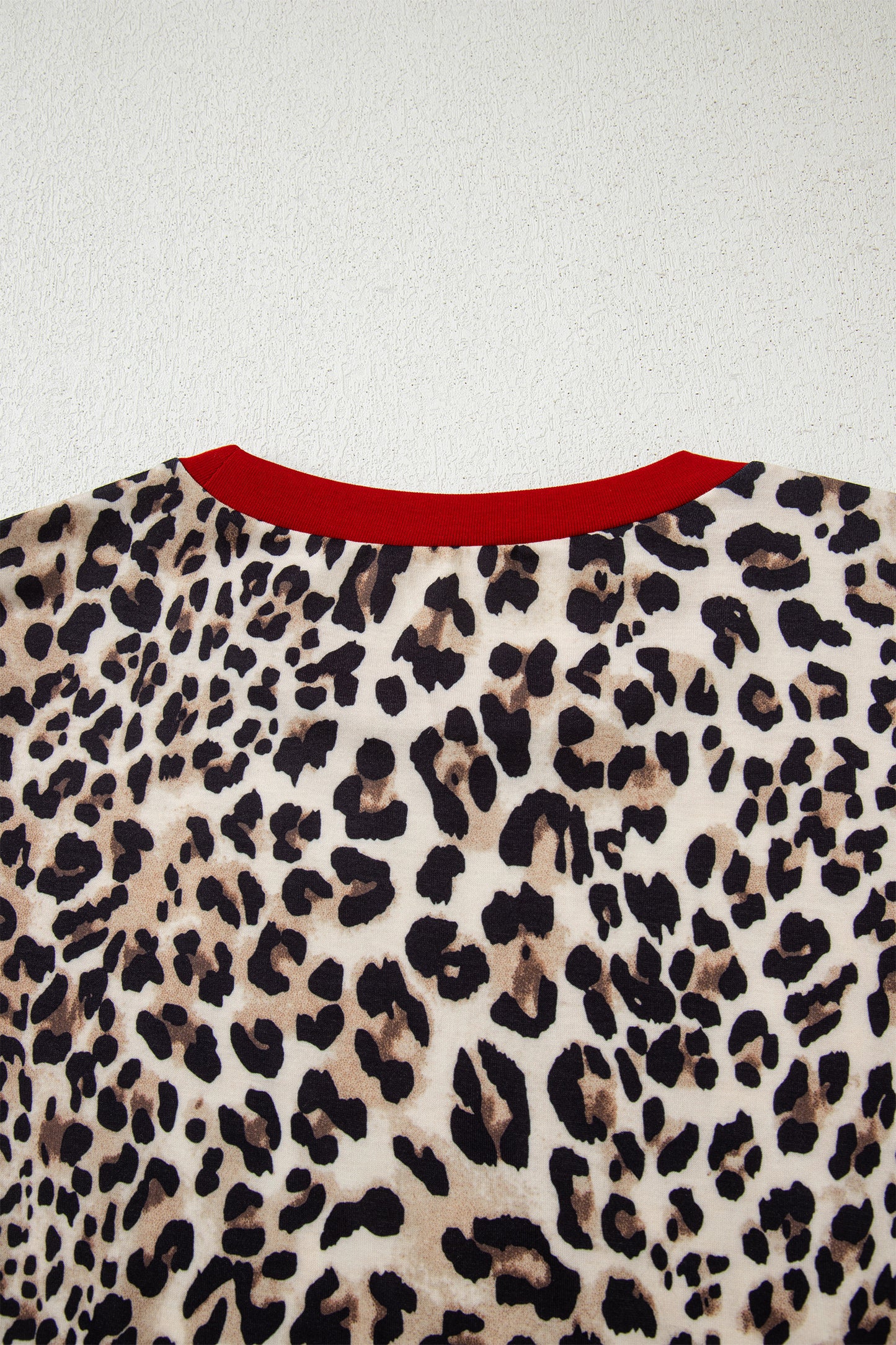 Brown Leopard Print Contrast Trim Round Neck Long Sleeve Top