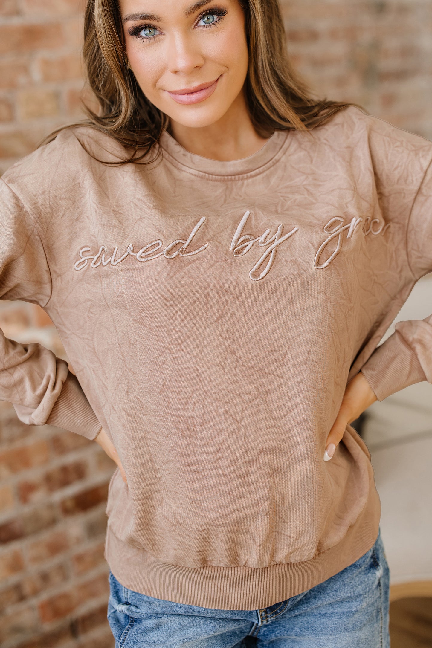 DUNE saved by grace Letter Embroidery Mineral Wash Loose Sweatshirt