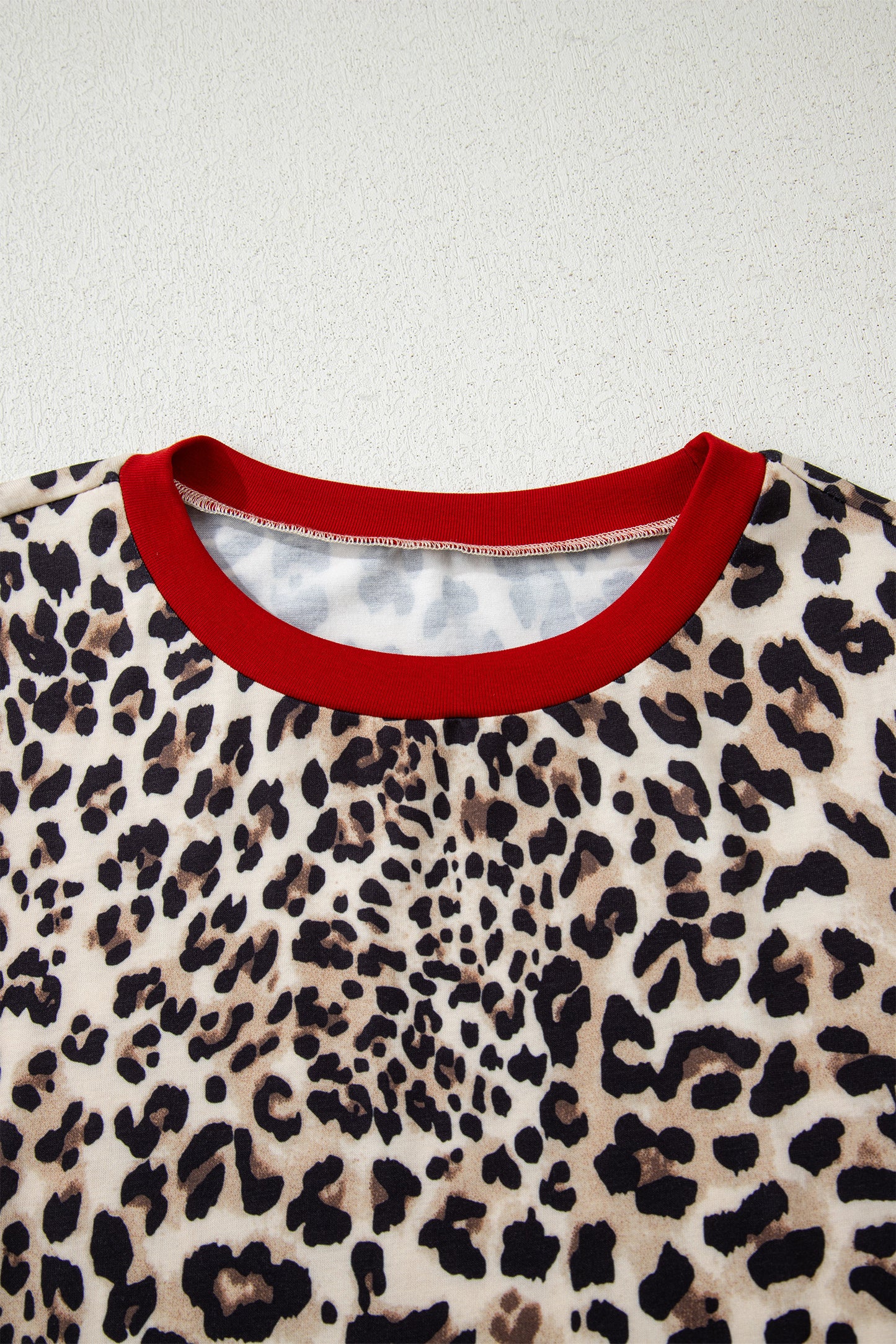 Brown Leopard Print Contrast Trim Round Neck Long Sleeve Top
