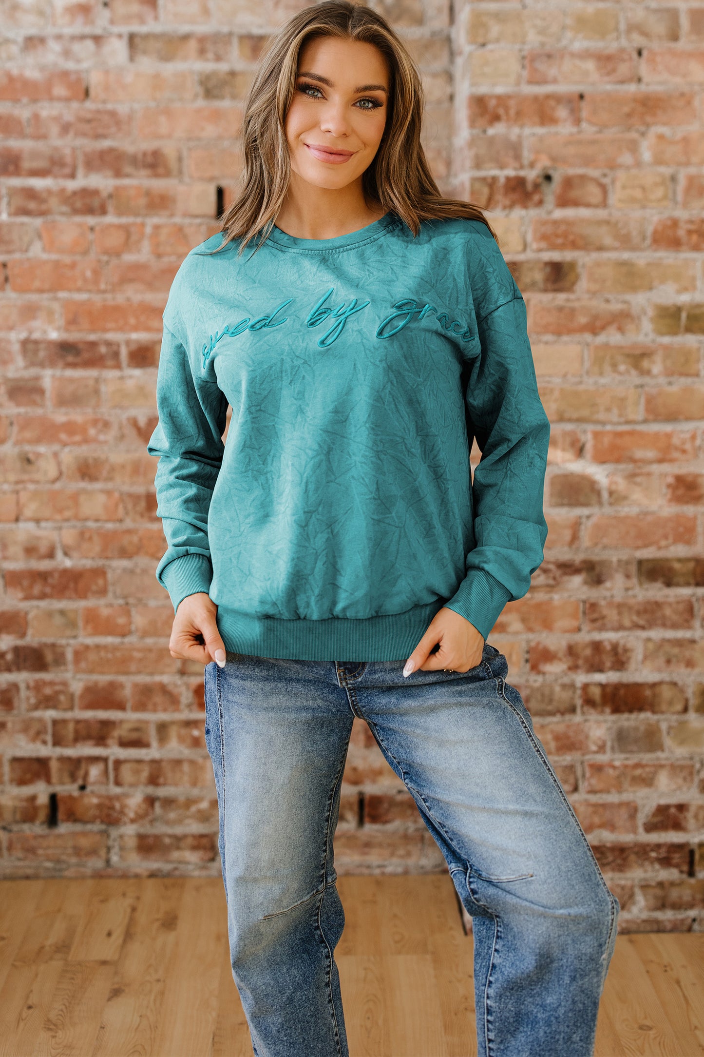 Sea Green saved by grace Letter Embroidery Mineral Wash Loose Sweatshirt