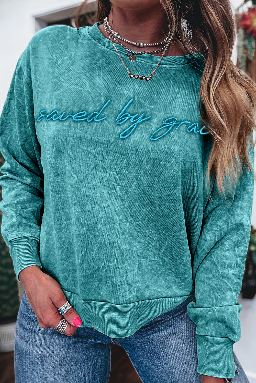 Sea Green saved by grace Letter Embroidery Mineral Wash Loose Sweatshirt