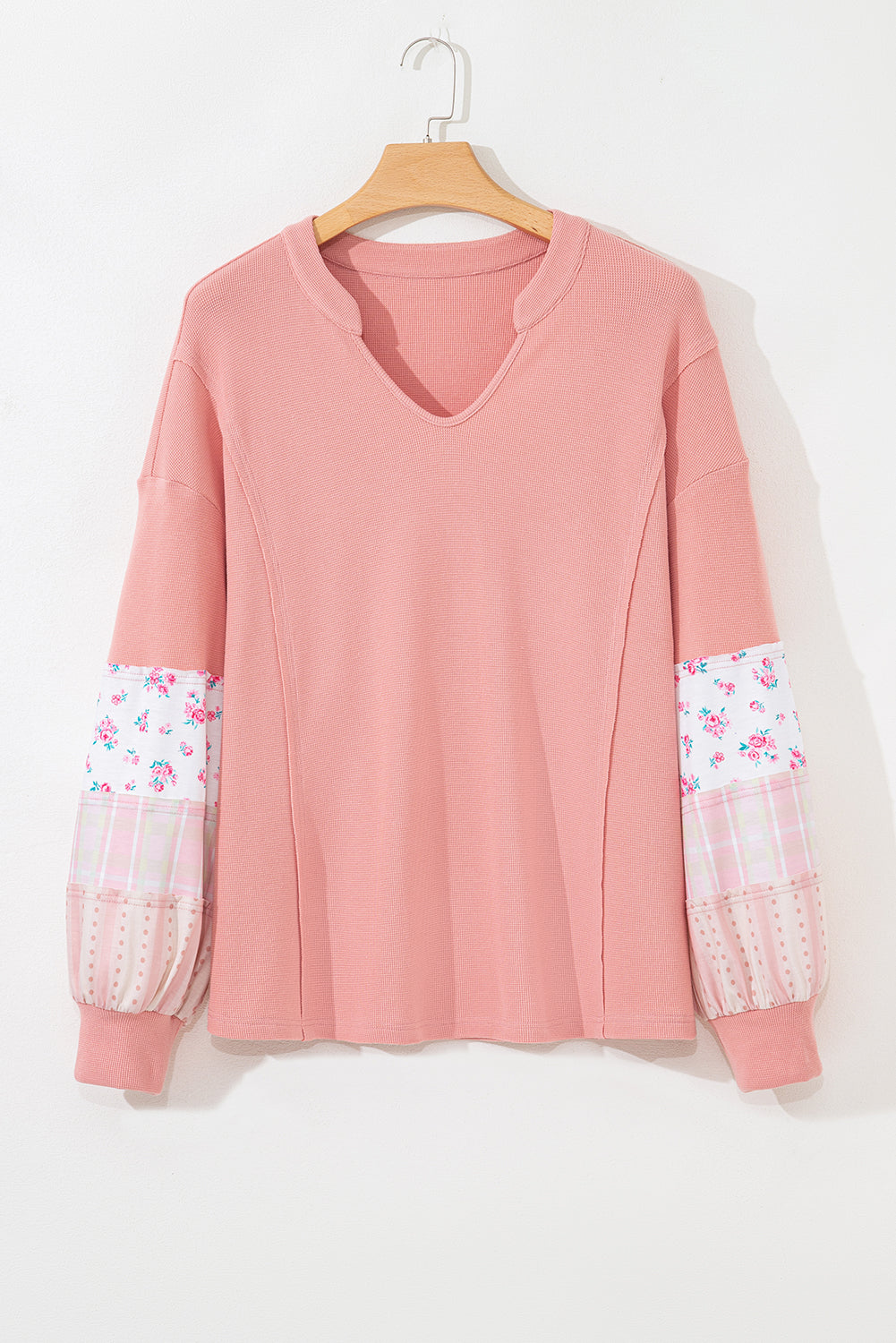 Pink Floral Sleeve Patchwork Waffle Knit Notched V Neck Plus Size Top